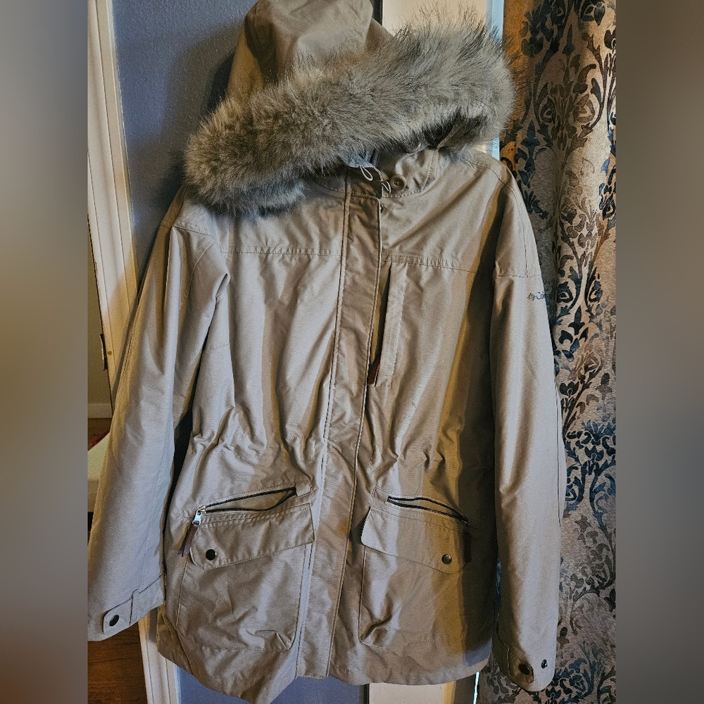 Tan Hooded Columbia Coat with Faux Fur Trim